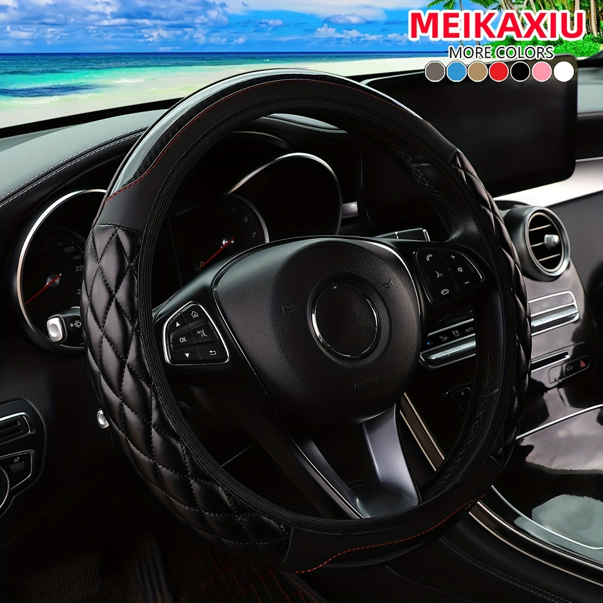 MEIKAXIU 3D Embroidered Crystal Carbon Fiber Faux Leather Steering Wheel Cover, Universal Fit for 36.83-38.1 cm, Available in 5 colors.