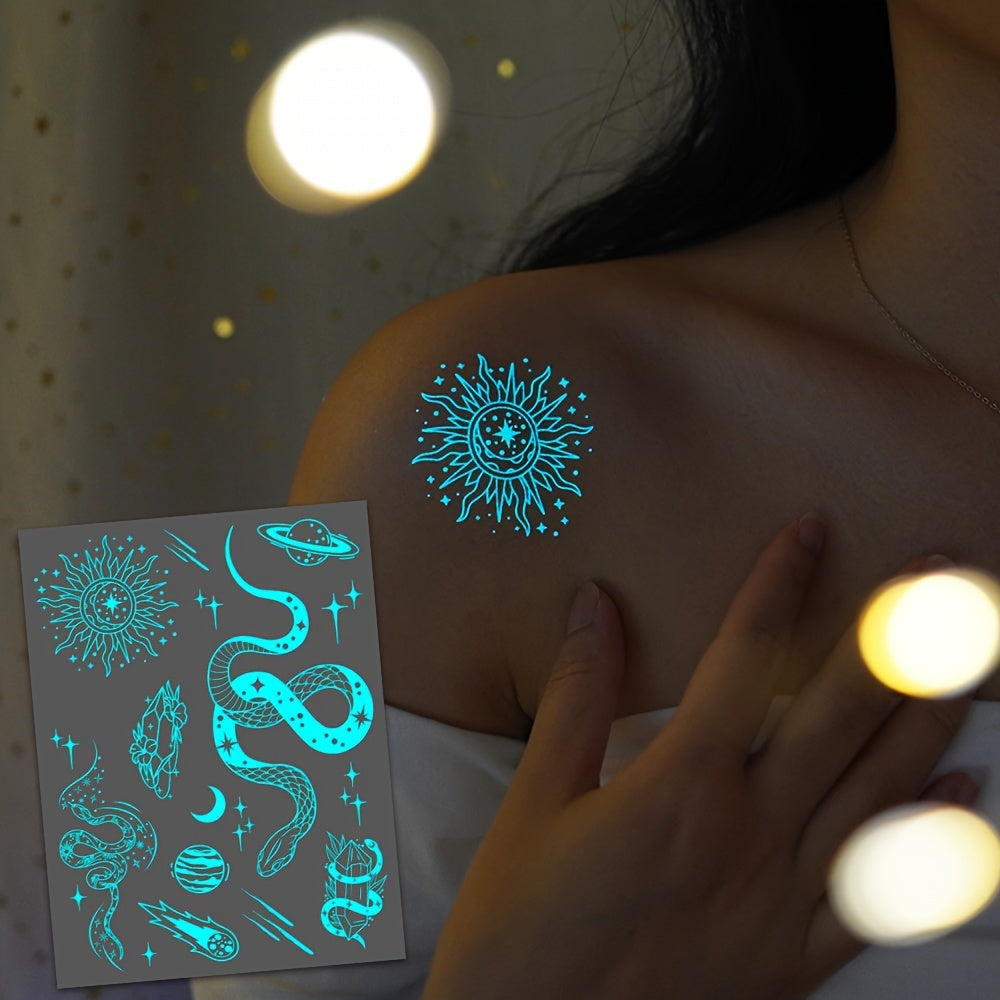 Blue luminous feather and snake tattoo stickers for women and girls, featuring white design. Fake bracelet, necklace, and face, chest, arm, hand, and finger tattoos that glow in the dark.