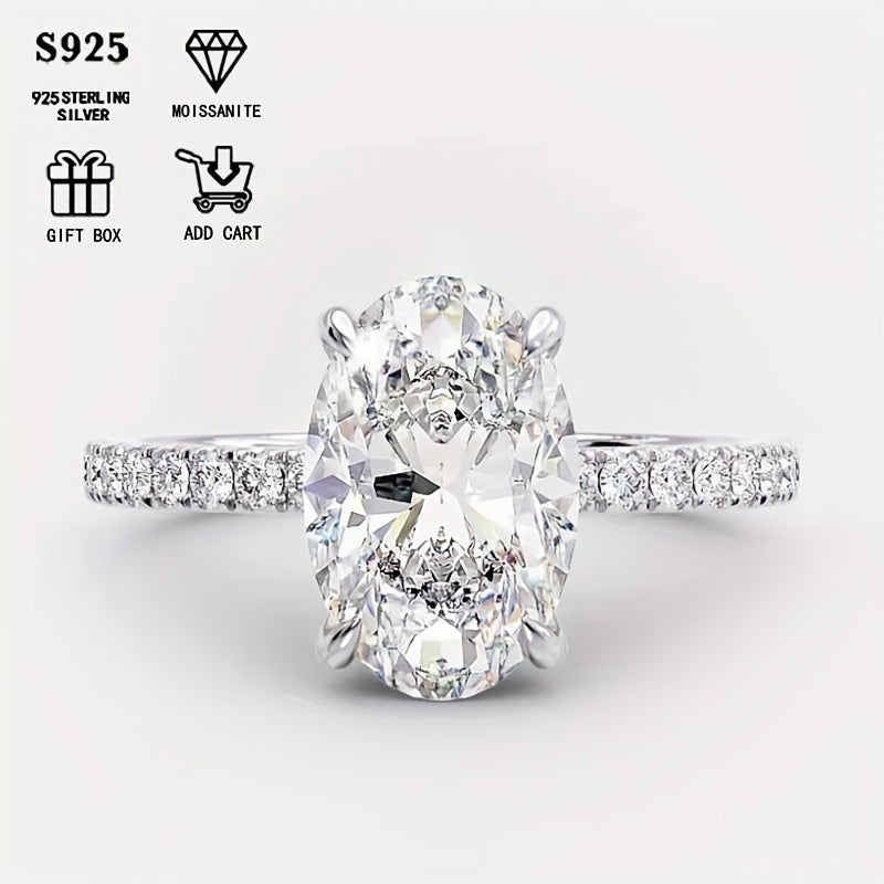 Sterling Silver Oval Moissanite Engagement Ring, featuring an elegant 4-claw pave setting. A timeless women's fashion accessory, ideal for proposals, anniversaries, birthdays, and Mother's Day. Comes in a beautiful gift box.