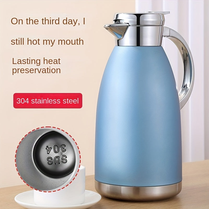 Stylish 1.8L Blue Stainless Steel Vacuum Insulated Kettle with Black Lid, Made of Durable 304 Stainless Steel, European Coffee Pot Design, Suitable for Hot and Cold Drinks, Keeps Beverages Hot for Longer, Great for Home Use