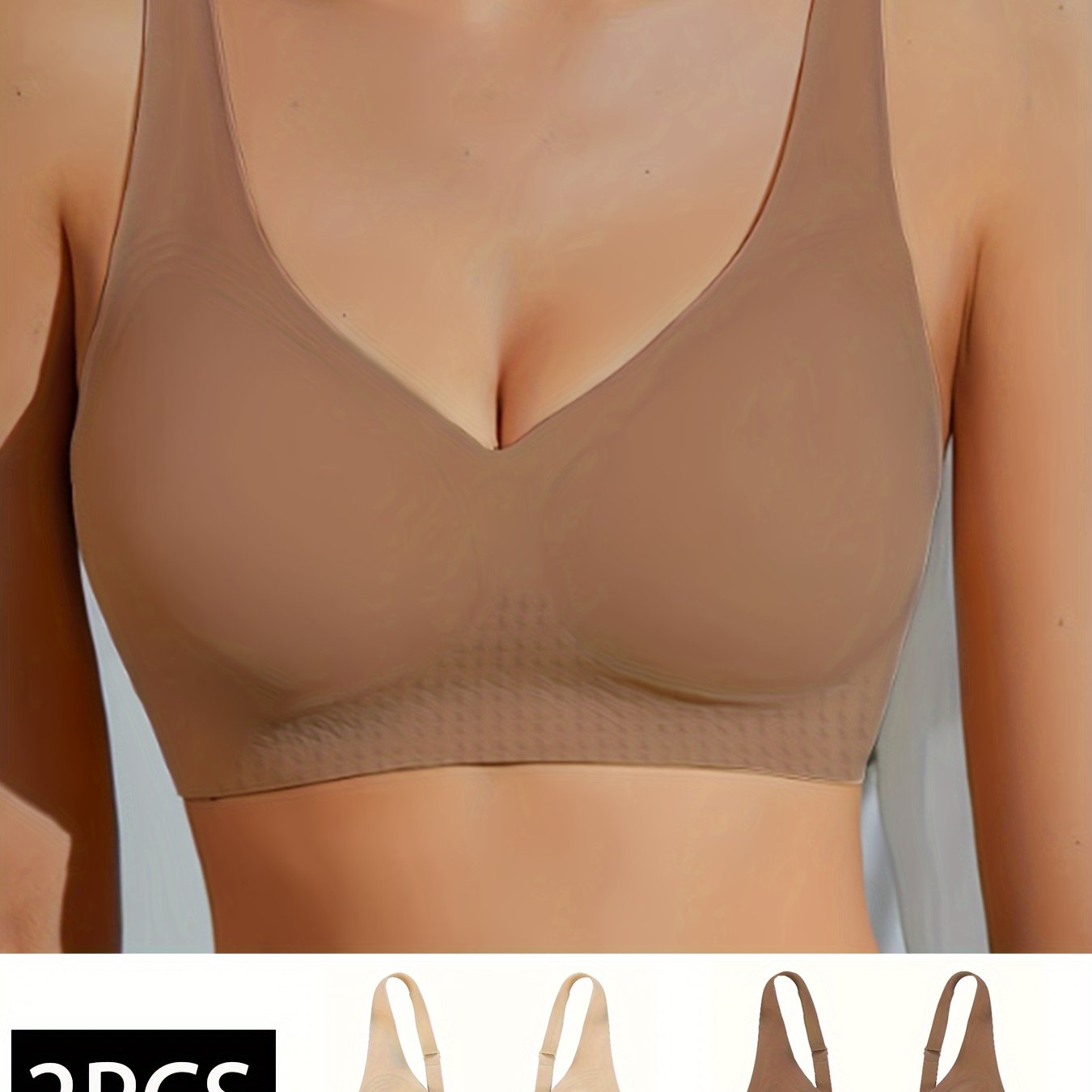 2 Seamless V-Neck Wireless Bras with removable pads made of 85% Polyamide and 15% Elastane knit fabric. Solid color, full cup design, breathable, and quick-dry.