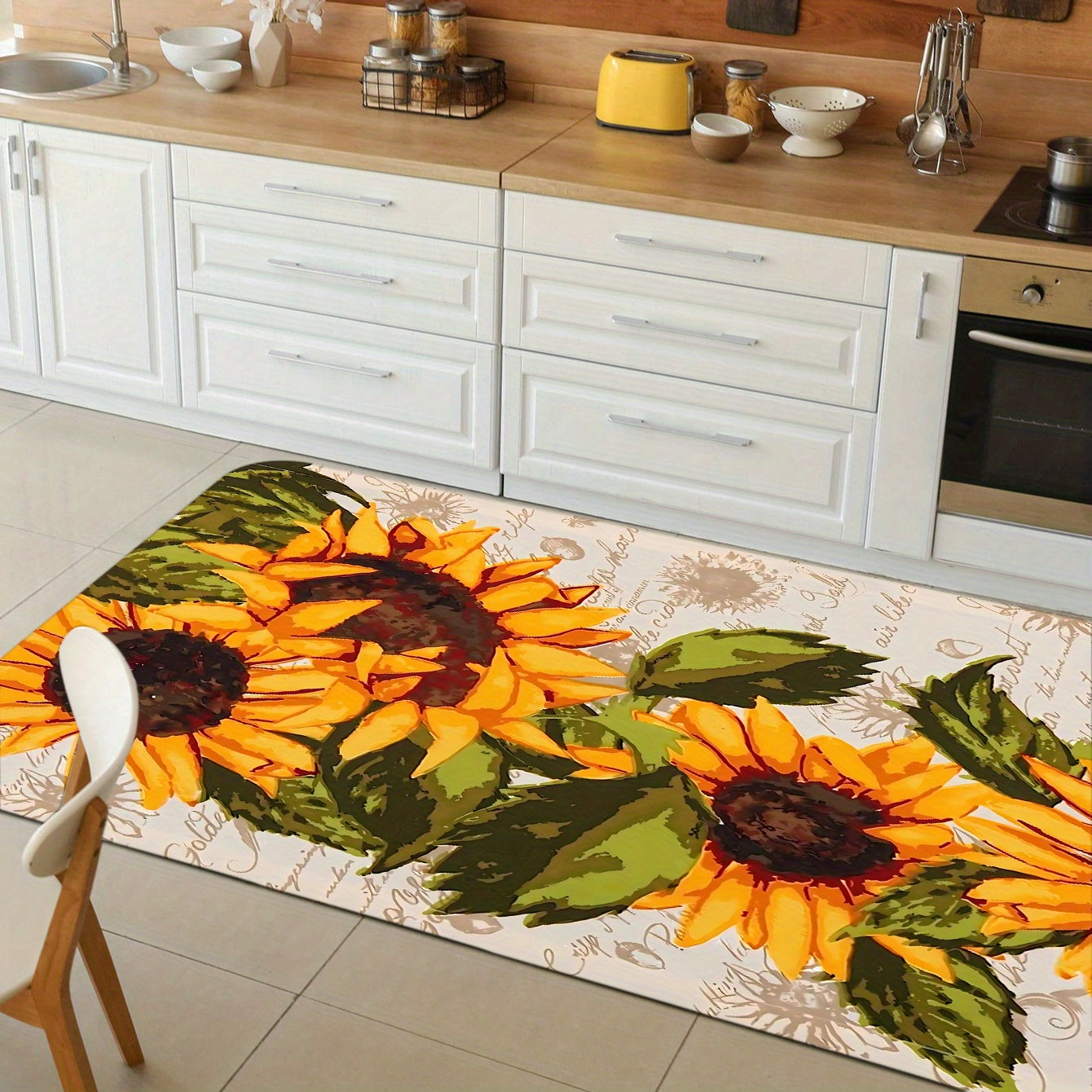 One piece Sunflower Print Kitchen Floor Rug designed to resist dirt and water, machine washable for easy cleaning. Can be used as an Entrance Doormat, Kitchen and Living Room Carpet, or Laundry and Bathroom Water-absorbing Floor Carpet.