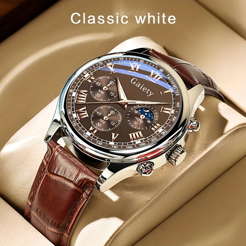 Luxury GAIETY Men's Quartz Watch with White Dial and Faux Leather Band, Alloy Case, Business & Sport Style, Button Battery.