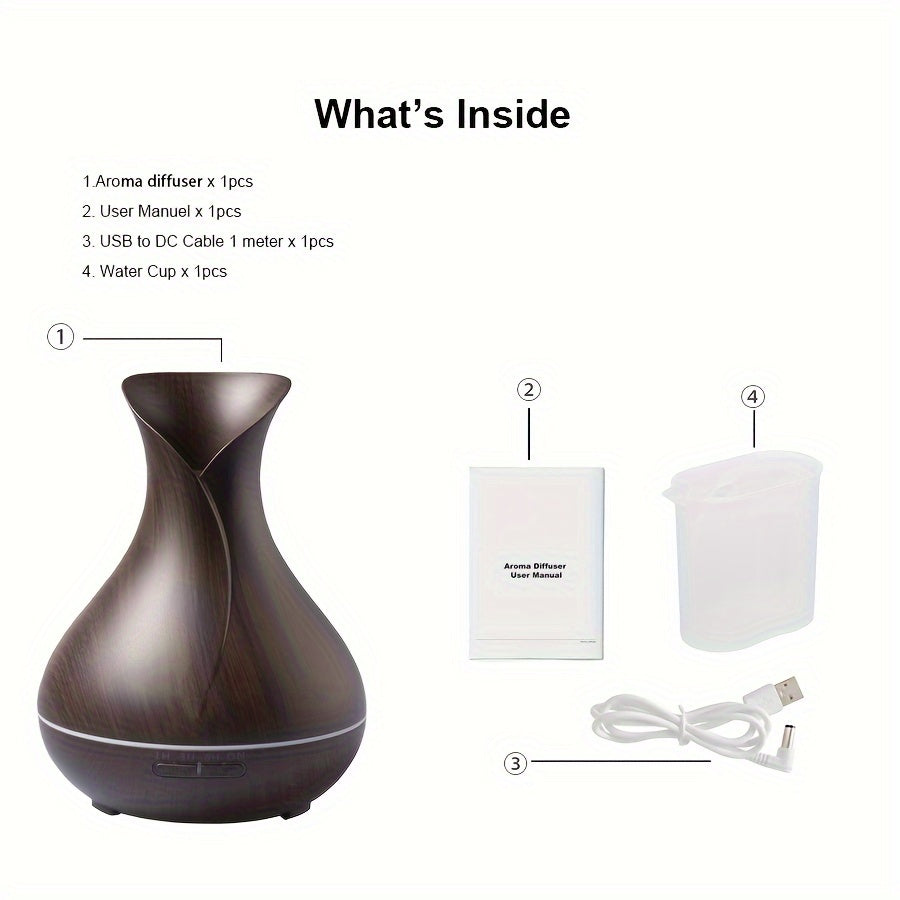 1pc Ultrasonic Humidifier with Aromatherapy, 550ml Capacity, LED Light, Dual Wood Grain Design, USB Powered, Water Level Cut-Off Protection, Timer Function, Quiet Operation, Cool Mist - Ideal for Bedroom, Office, Yoga - Made of Polypropylene & ABS