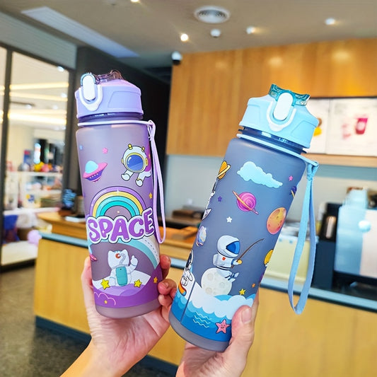 Space-themed astronaut water bottle with straw, lightweight, PVC-free, ideal for outdoor activities and back-to-school gift.