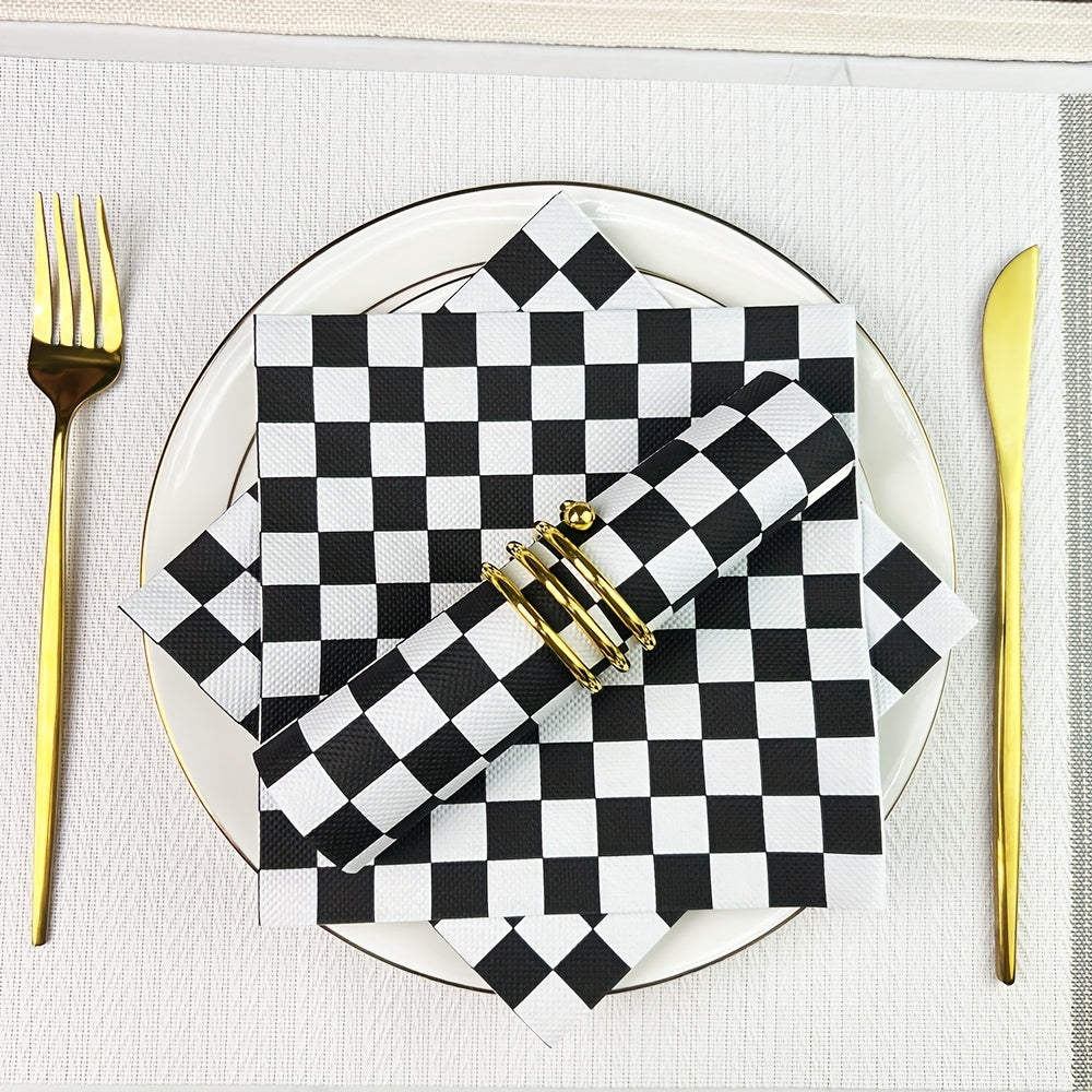 20 Black & White Checkered Disposable Napkins - Size 33.02x33.02 cm, Ideal for Weddings, Parties, and Holiday Celebrations