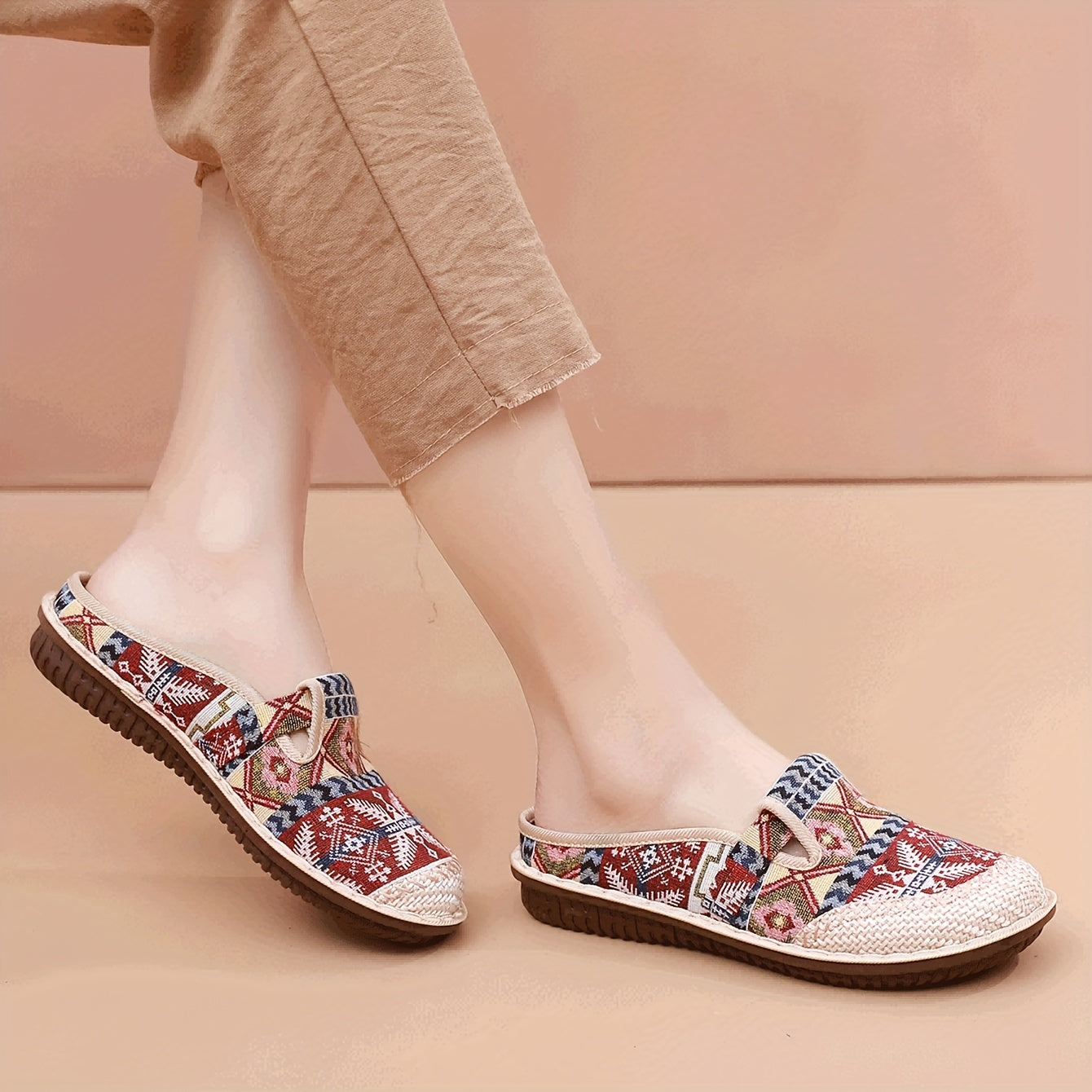 Womens Summer 2024 Fashion Tribal Style Slip-On Shoes with Breathable Fabric Upper and Faux Sole