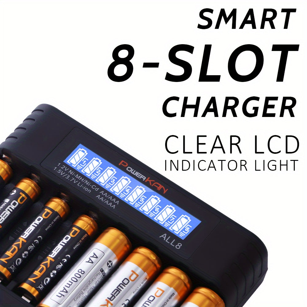 PowerKAN set includes high-quality 1.2V NiMH rechargeable AA & AAA batteries with ALL8 charger, suitable for rechargeable and discharge cycles. Pack includes 8x 800mAh AA and 8x 300mAh AAA