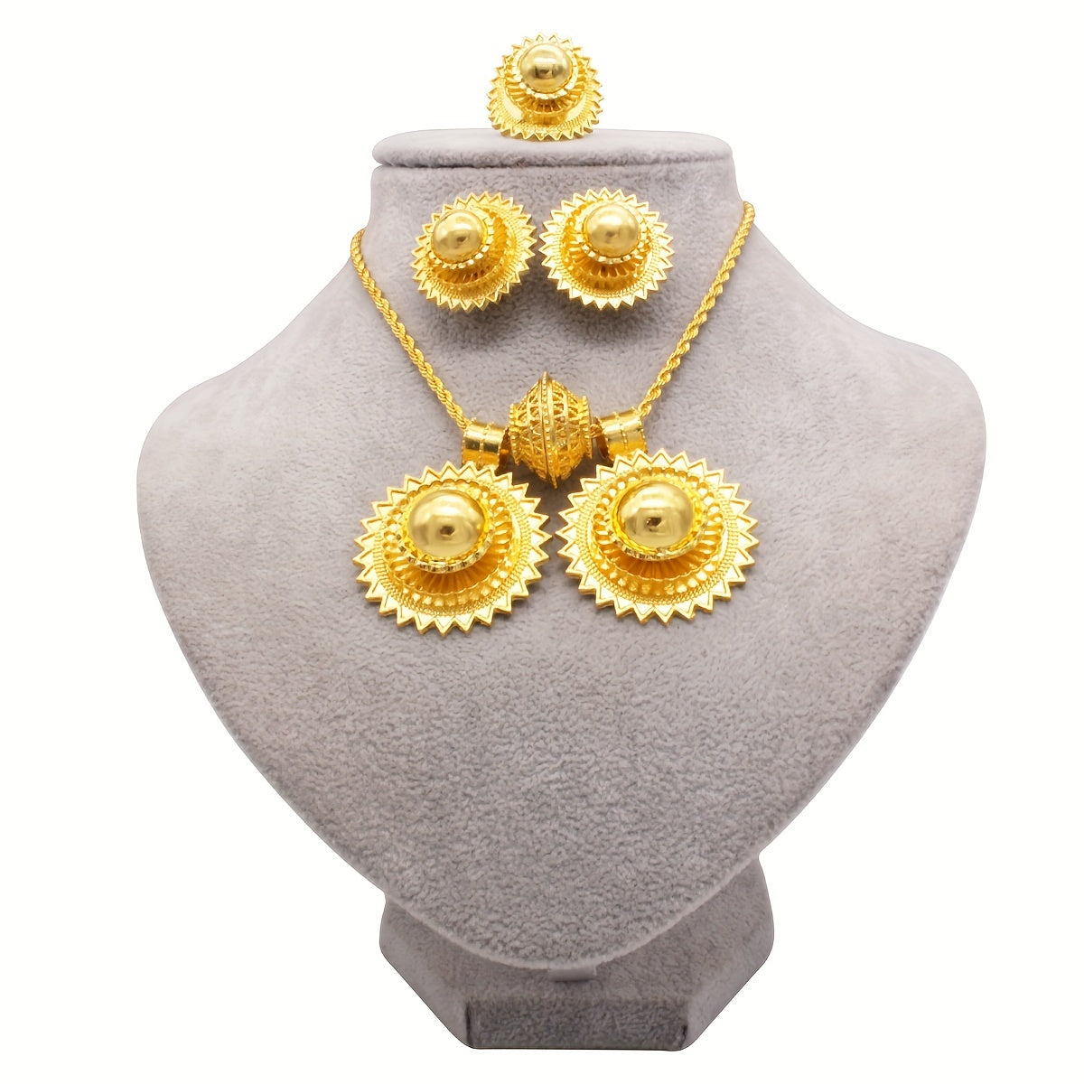 Luxury jewelry set includes four pieces: a necklace, earrings, and a ring plated in multiple colors. Perfect for evening parties and traditional bridal accessorizing. Choose from a variety of colors.