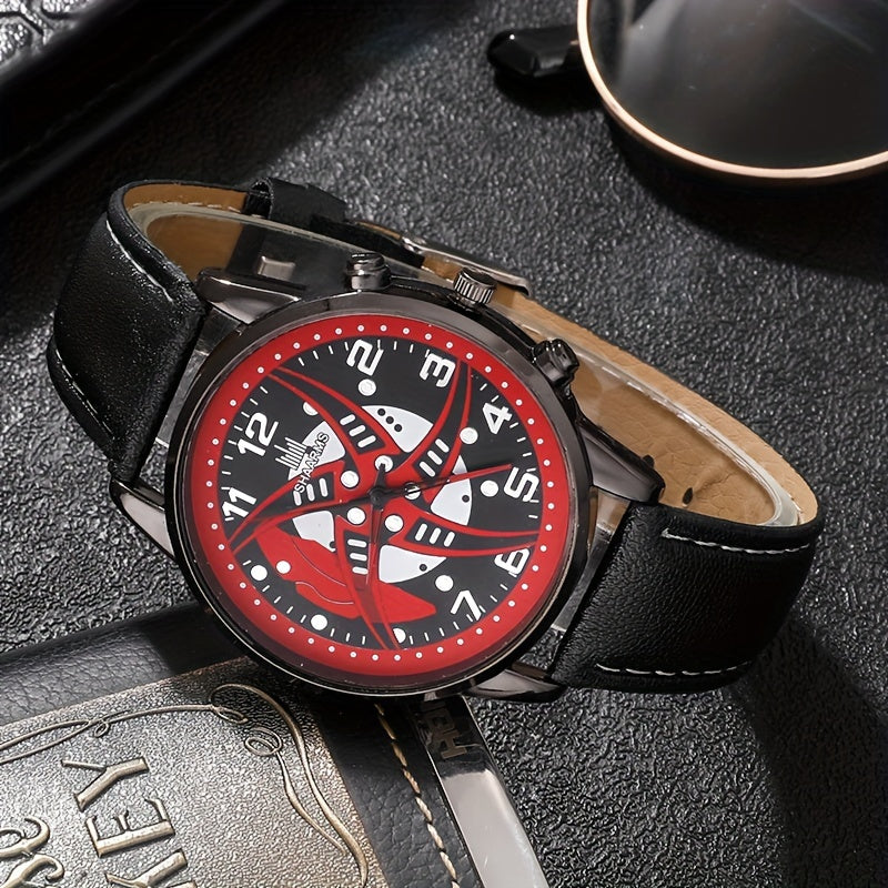 Set of 5, Men's Red Black Fashion Quartz PU Leather Watch and Bead Bracelet Set, Perfect Gift for Him.