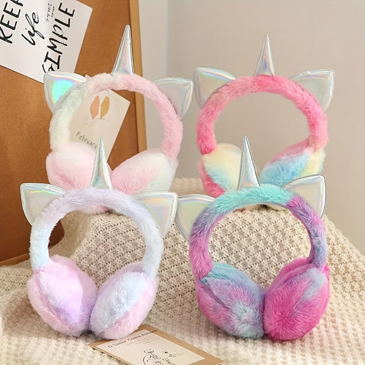 Rainbow-colored cartoon plush earmuffs perfect for keeping your ears warm in the winter season. Made from polyester knit fabric, these adorable earmuffs are designed for cold weather protection. Hand wash only.