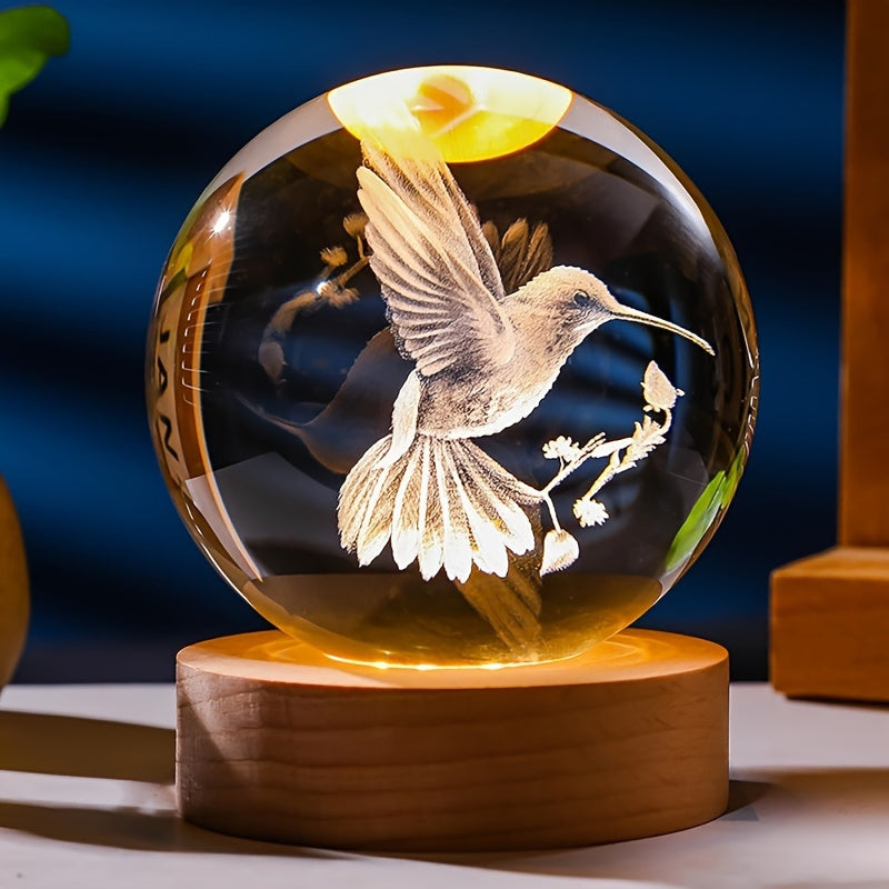 3D Hummingbird Crystal Ball Night Light - USB Powered, Color-Changing Animal Figurine, Ideal Gift for Birthdays & Graduations