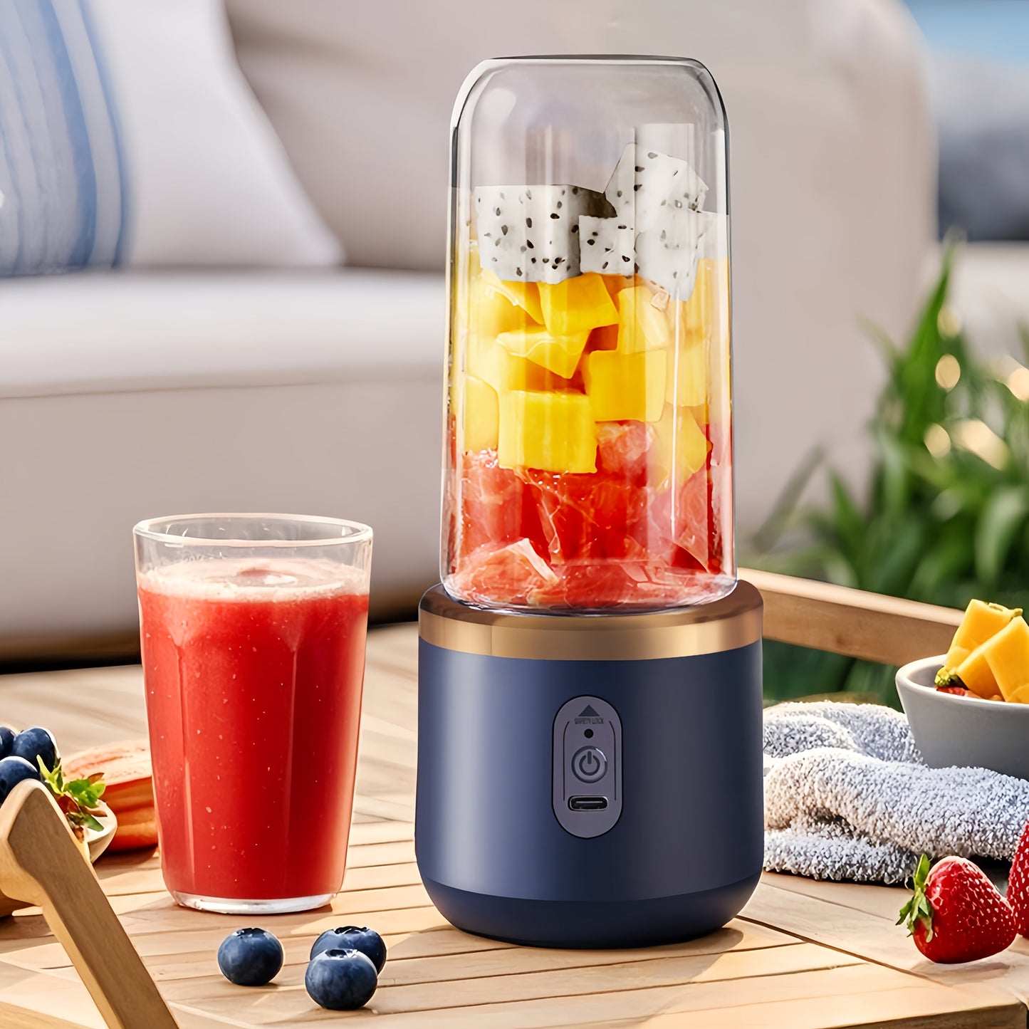 Compact and durable, the Portable Dual Cup Juicer comes with a USB rechargeable battery for convenient use on the go. This juicer is made of high-quality plastic and includes a lanyard and cleaning brush for easy maintenance. Perfect for making smoothies