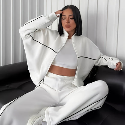 Women's Elegant Tracksuit Set - made of polyester with striped cuffs, includes zip-up hoodie and matching pants, machine washable, suitable for fall/winter.