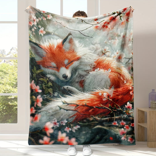 Soft Fox Print Flannel Throw Blanket - Suitable for All Seasons, Hypoallergenic, Ideal for Couch, Bed, Office & Travel, Adorable Design, Animal Inspired