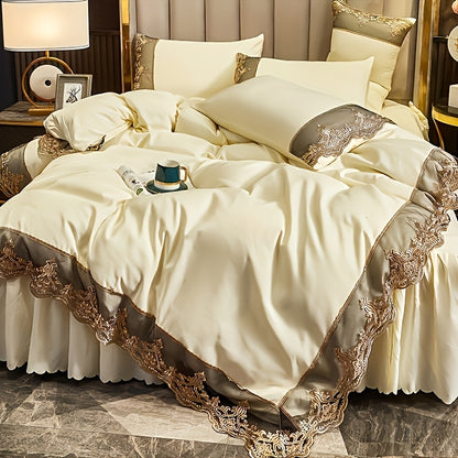 Modern luxury polyester duvet cover set with 2-3 pieces. Solid color with golden lace details. Soft, comfortable, and breathable with zipper closure. Suitable for bedroom, guest room, and