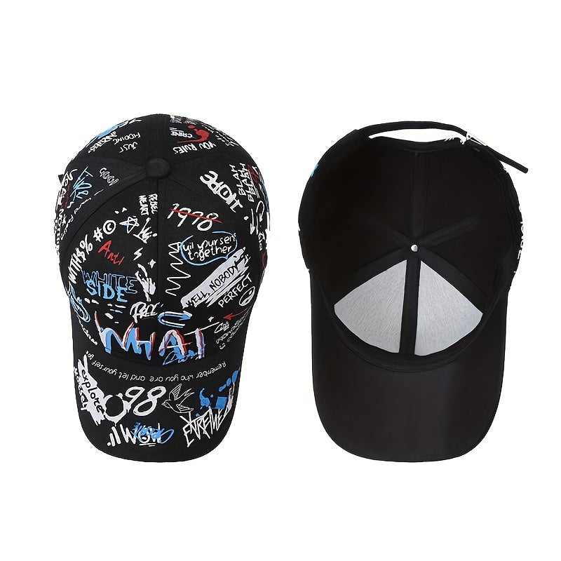 Polyester graffiti print hip-hop baseball cap with PVC coating. Perfect for parties and festivals. Hand washable.