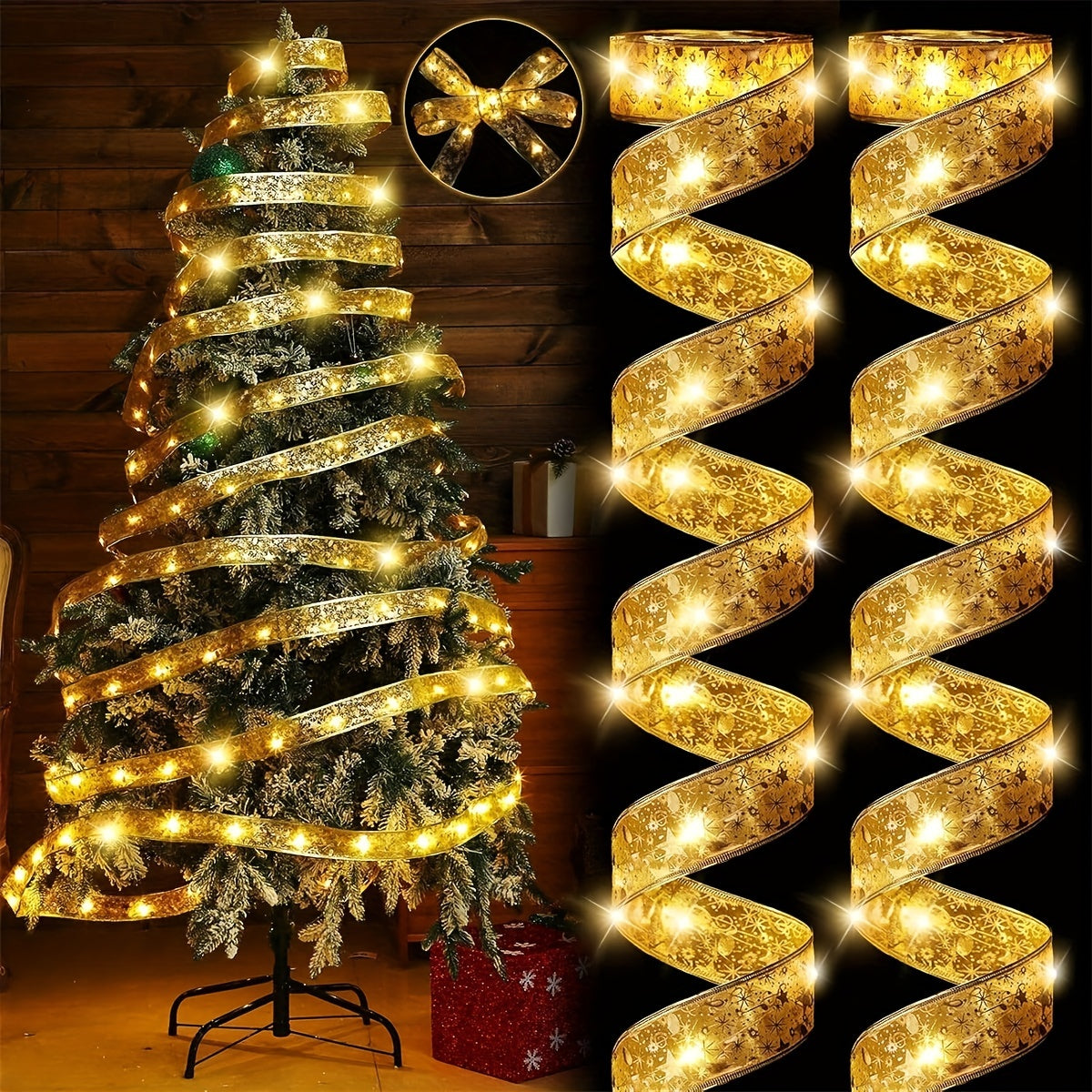 Battery-powered LED ribbon lights, 1.97 inches wide, ideal for indoor Christmas decor, parties, weddings, and gift boxes.