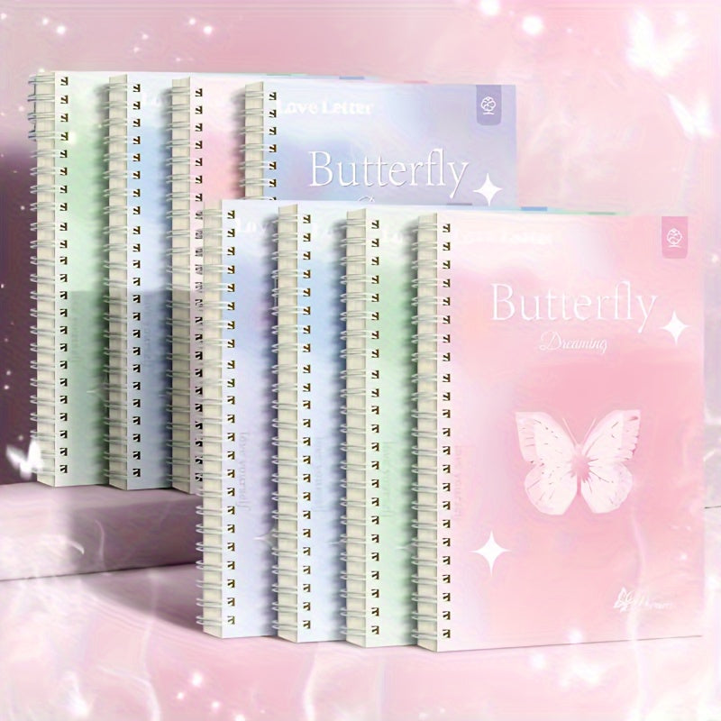 Set of 4 A5 butterfly dream coil notebooks with wide ruled spiral design, durable high-quality paper, lay-flat 360° design, cute and stylish for writing and notes.