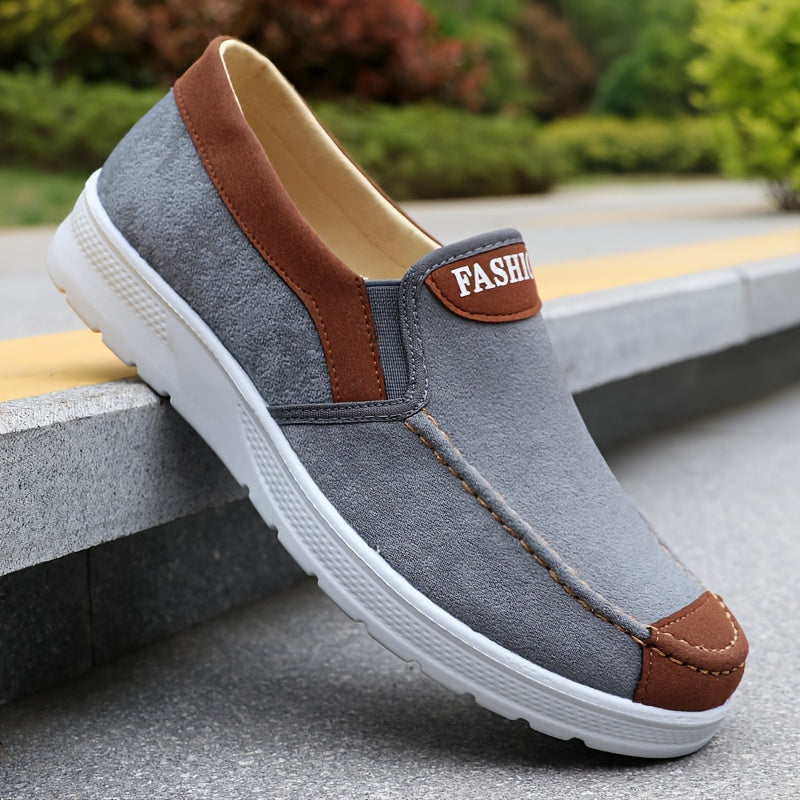 Men's slip-on casual sports sneakers with solid color, lightweight fabric upper, non-slip sole, and breathable insole for outdoor running and daily wear in spring and fall.