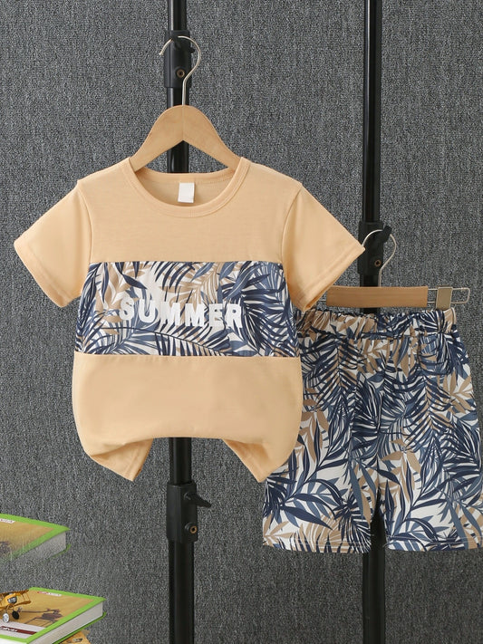 Summer kids and leaf print patchwork short-sleeve outfits in various colors, ideal for outdoor/casual wear. Easy wear pullover for youngsters, perfect for outdoor activities.