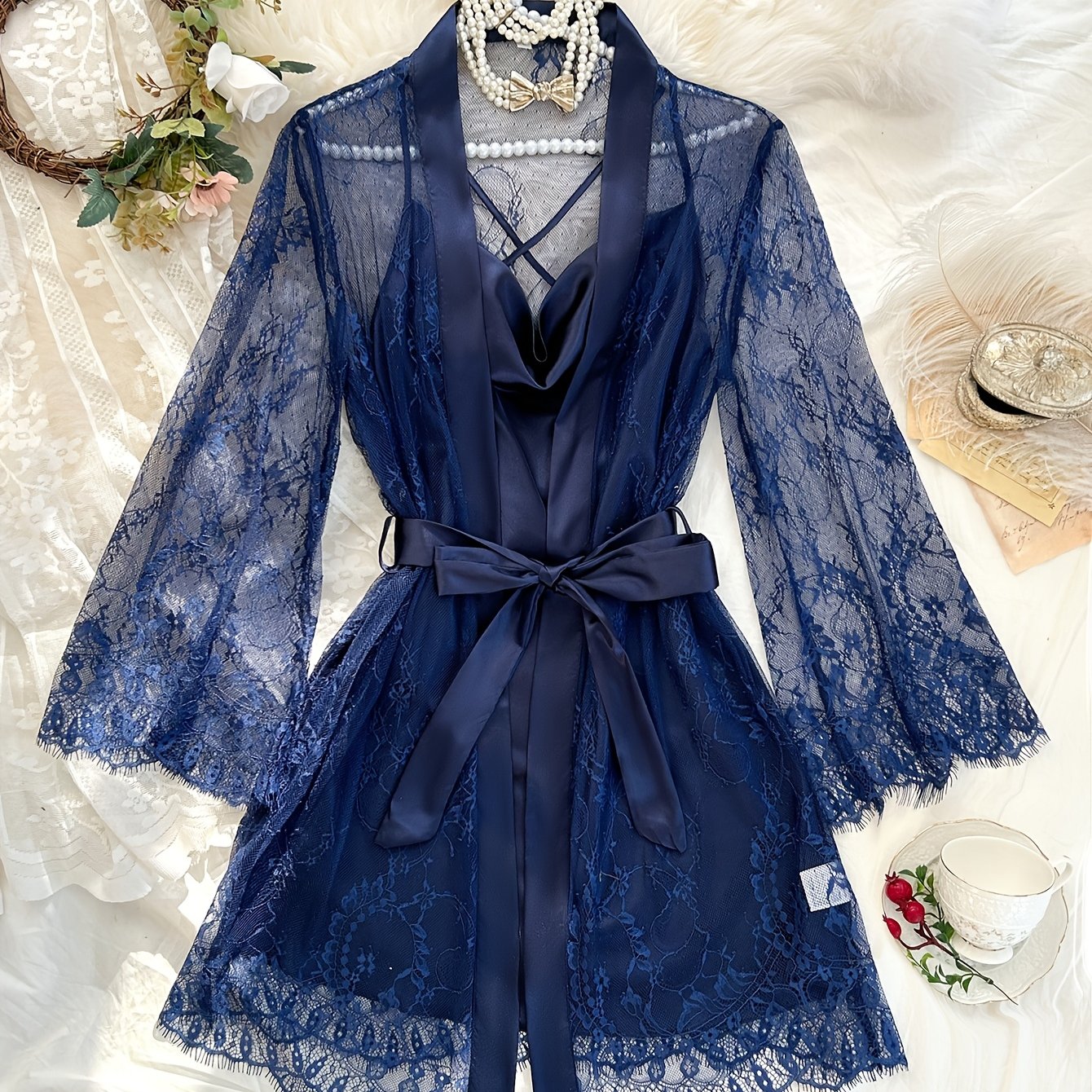 Stylish Two-Piece Lace Pajama Set for Women, All Seasons, Includes Suspender