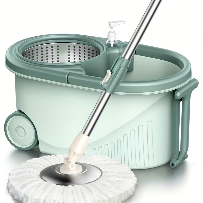 Get your hands on the 1 Set of Hands-Free Double Drive Rotary Spin Mop, complete with a pressing handle and wheels. This stylish mop is made from stainless steel and plastic, perfect for cleaning wood floors. The mop bucket system includes an ultrafine