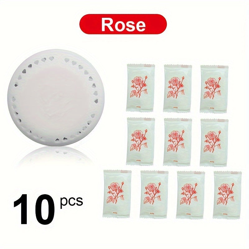 10 scented air freshener tablets in Cherry Blossom & Lavender scent for long-lasting odor elimination in various spaces. Made with compressed solid deodorizer and includes an extra shell.