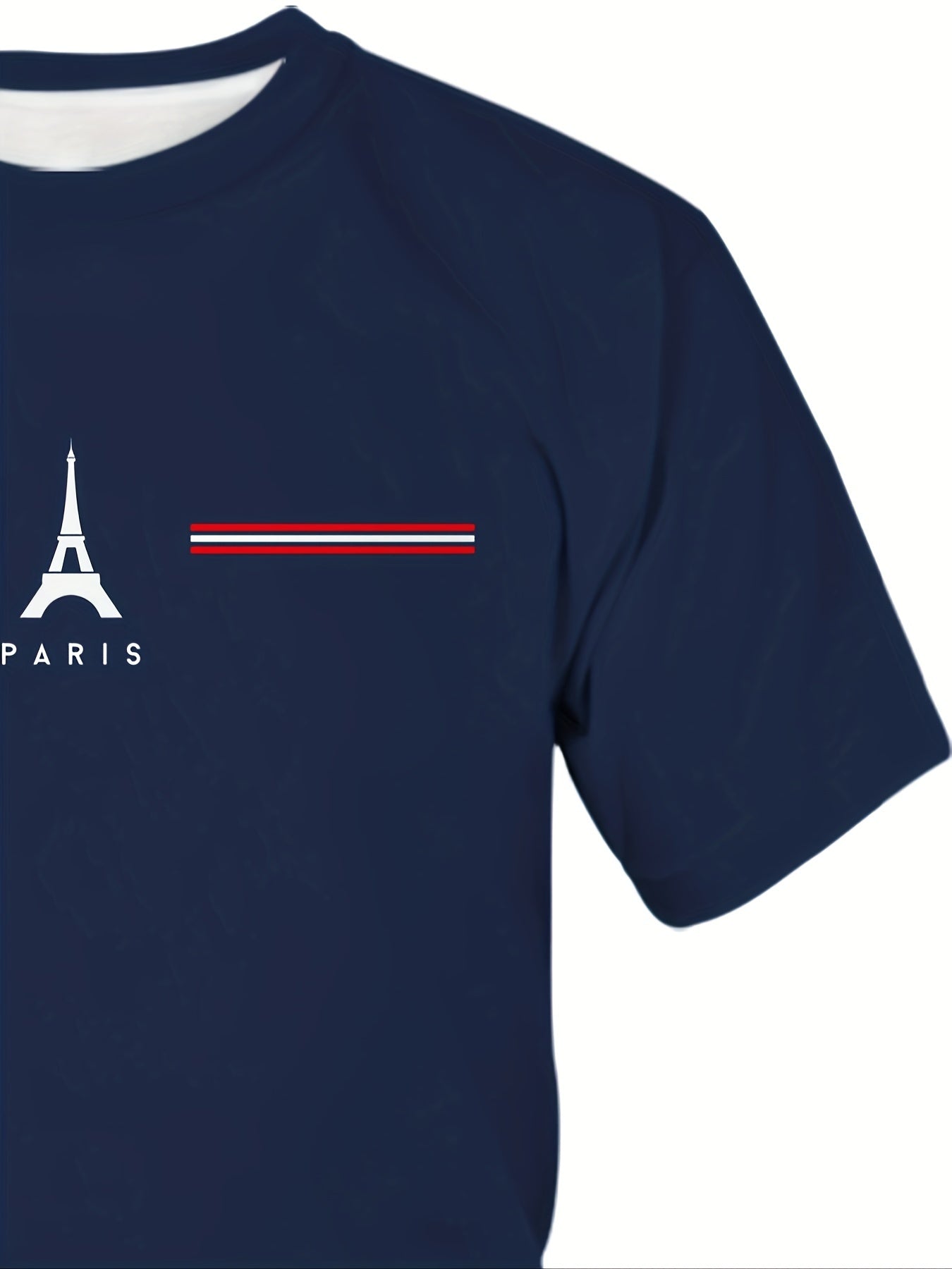 HXMRBY Men's plus size sports T-shirt with 3D Eiffel Tower print, short sleeves, round neck, striped polyester fabric, and regular fit.