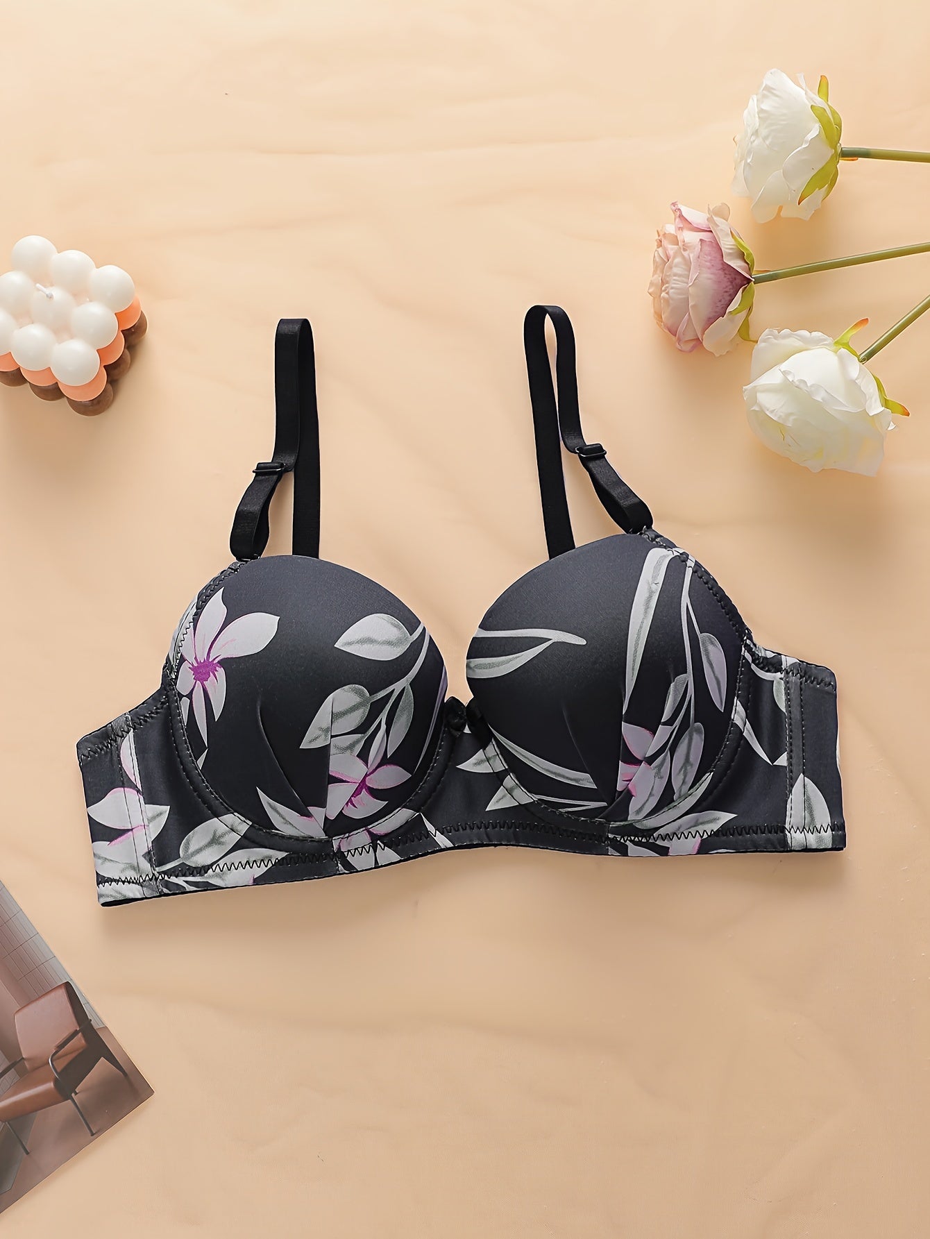 Floral print lingerie set with color block plunge push up cami bra and panties for women.