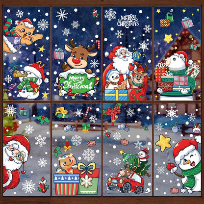 Decorate your windows for Christmas with Santa and snowman cartoon decals, featuring electrostatic adhesive for easy application. Perfect for adding holiday charm to your home decor.