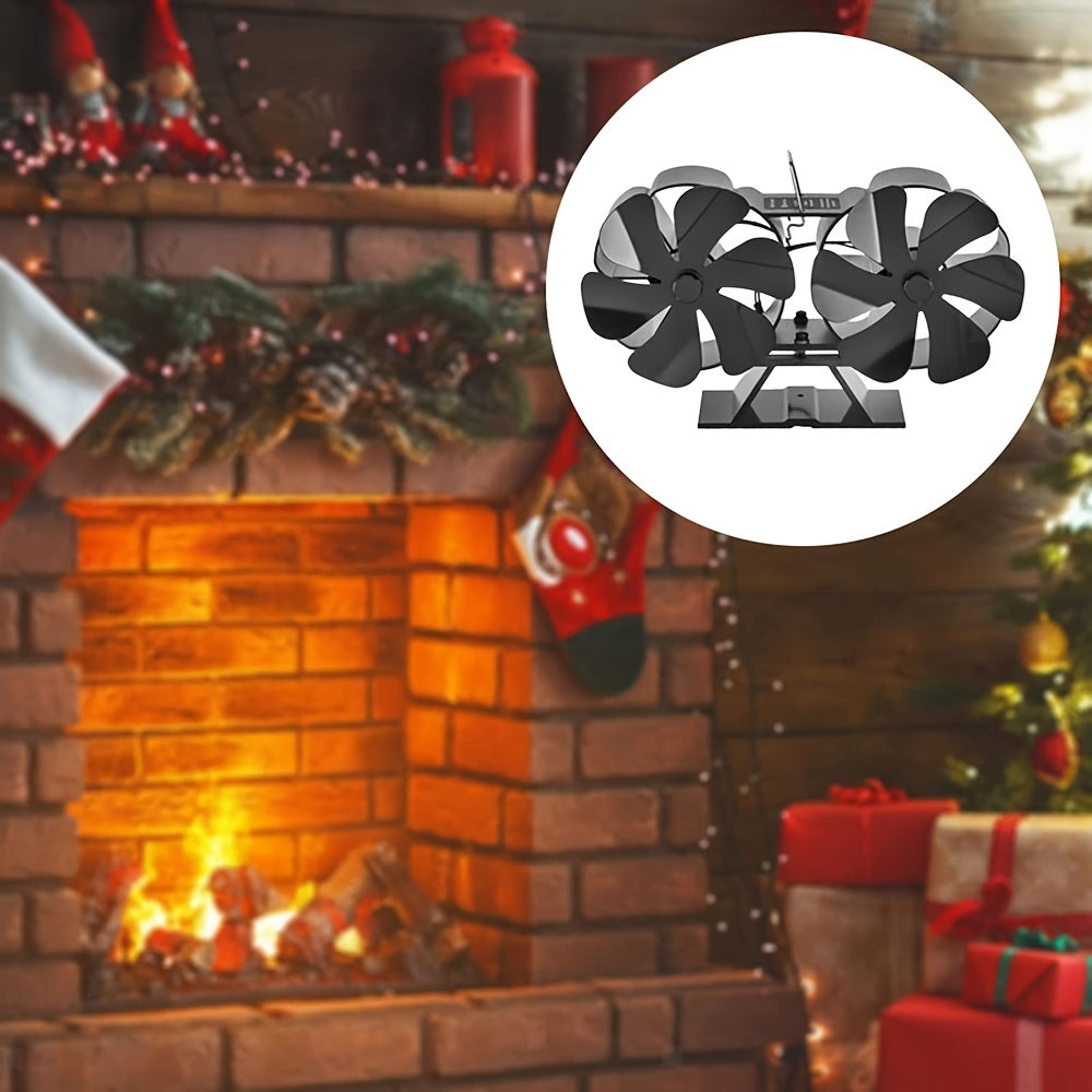 12-Blade Metal Fireplace Fan with Dual Heads, Portable Design for High-Efficiency Silent Heat Dissipation. Table Fan Style for Air Circulation, No Electricity Required. Includes Multiple Components and Features a Painted Finish.