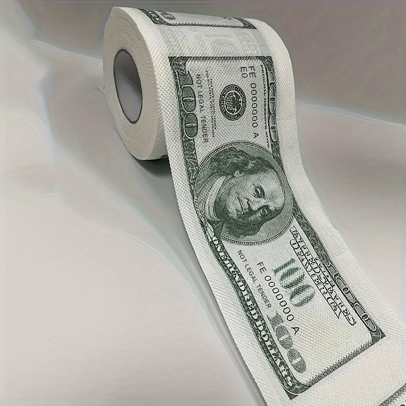 Pack of two-ply paper towels designed to resemble $100 bills, perfect for use as decorative toilet paper at parties.