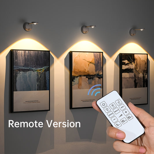 Wall-mounted motion sensor spotlight with remote control, USB rechargeable, adjustable brightness and timer, detachable plastic lamp shade, infrared sensor, battery powered.