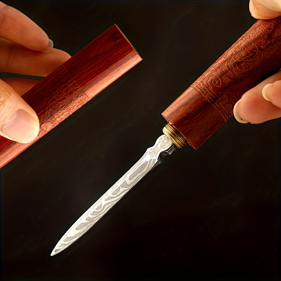 High-quality Damascus steel tea knife featuring a stainless steel Puer tea cutter, tea brick opener, and accessory tool.