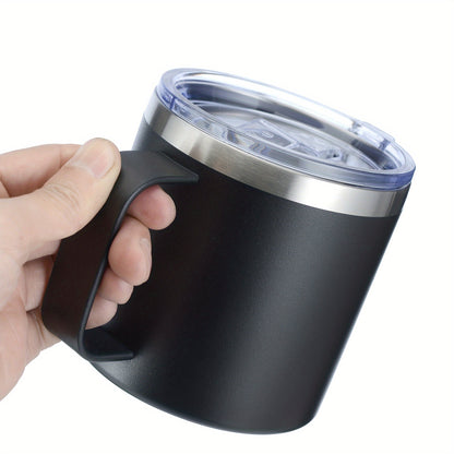 Stainless steel 14oz coffee mug with lid, double-walled vacuum insulation, ideal for hot or cold drinks.