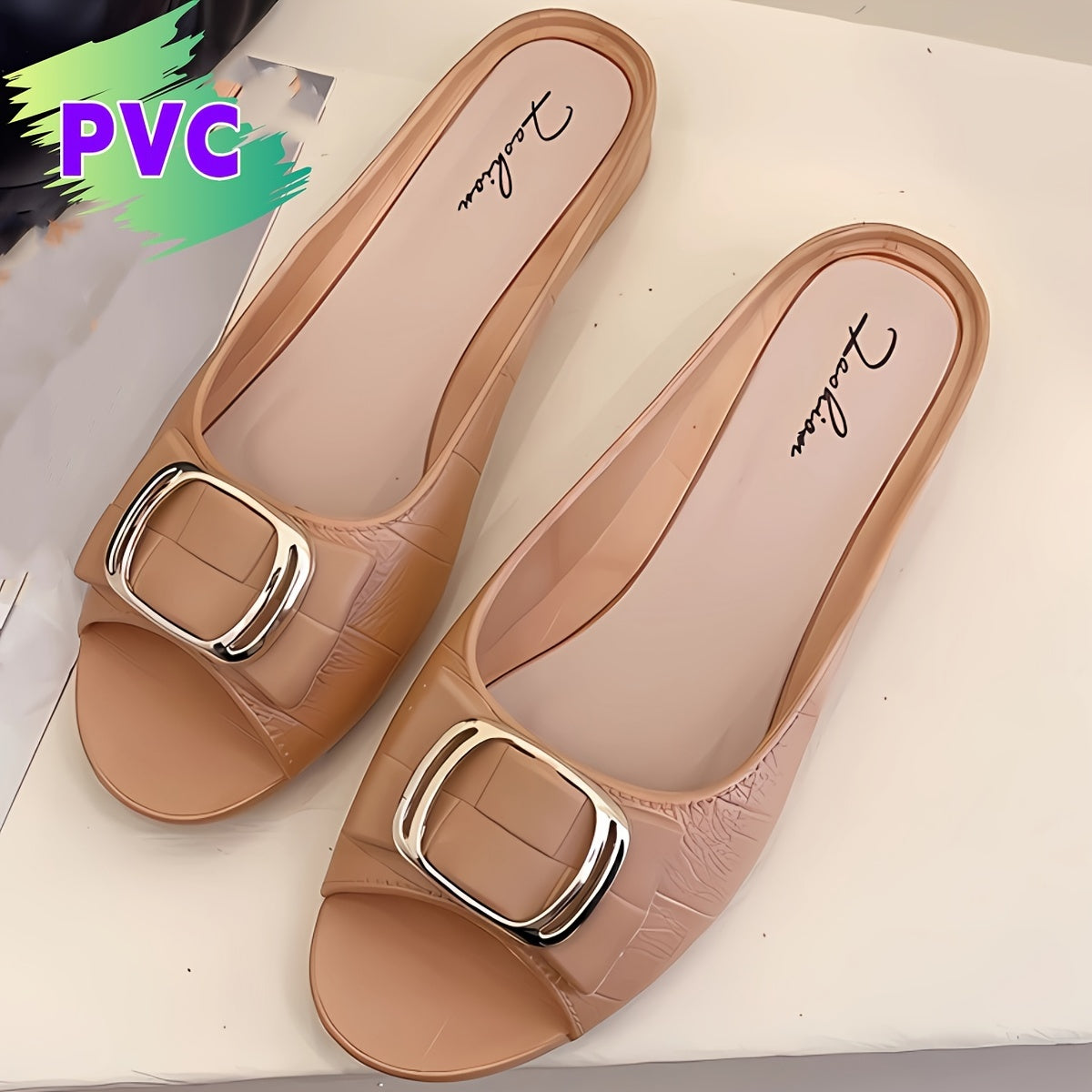 Summer PVC slide sandals for women in chic black with a golden buckle, open toe, and soft non-slip sole for comfortable walking. Breathable and hand-washable with strappy design.