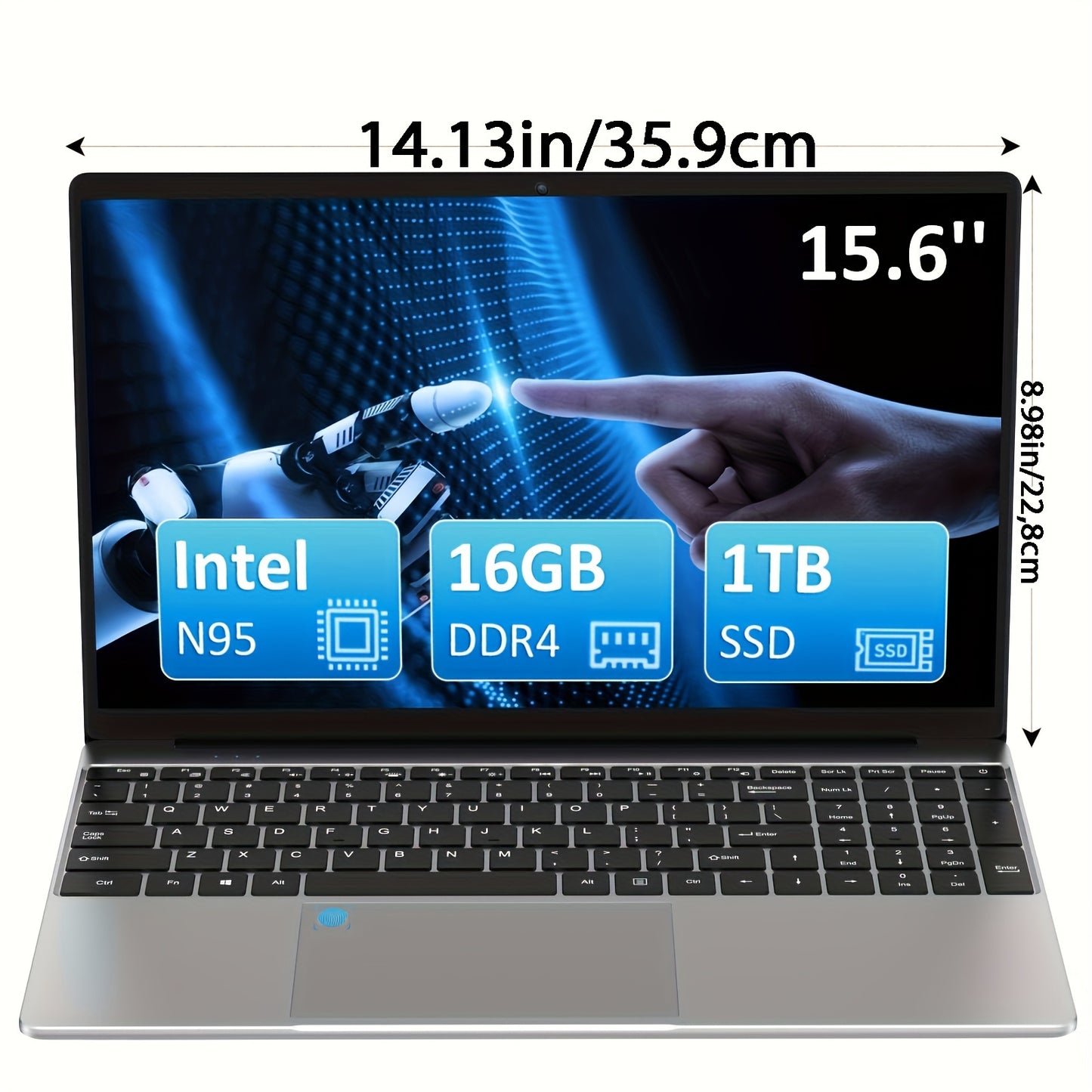 Molegar Laptop 39.62 sm FHD IPS displey, 16GB RAM, 1TB PCIe SSD, Intel 12-avlod N95 protsessori, 3.4GHz gacha tezlik, barmoq izlari o‘quvchisi, yoritilgan klaviatura, veb-kamera, dual-band WiFi 5G xususiyatlariga ega.