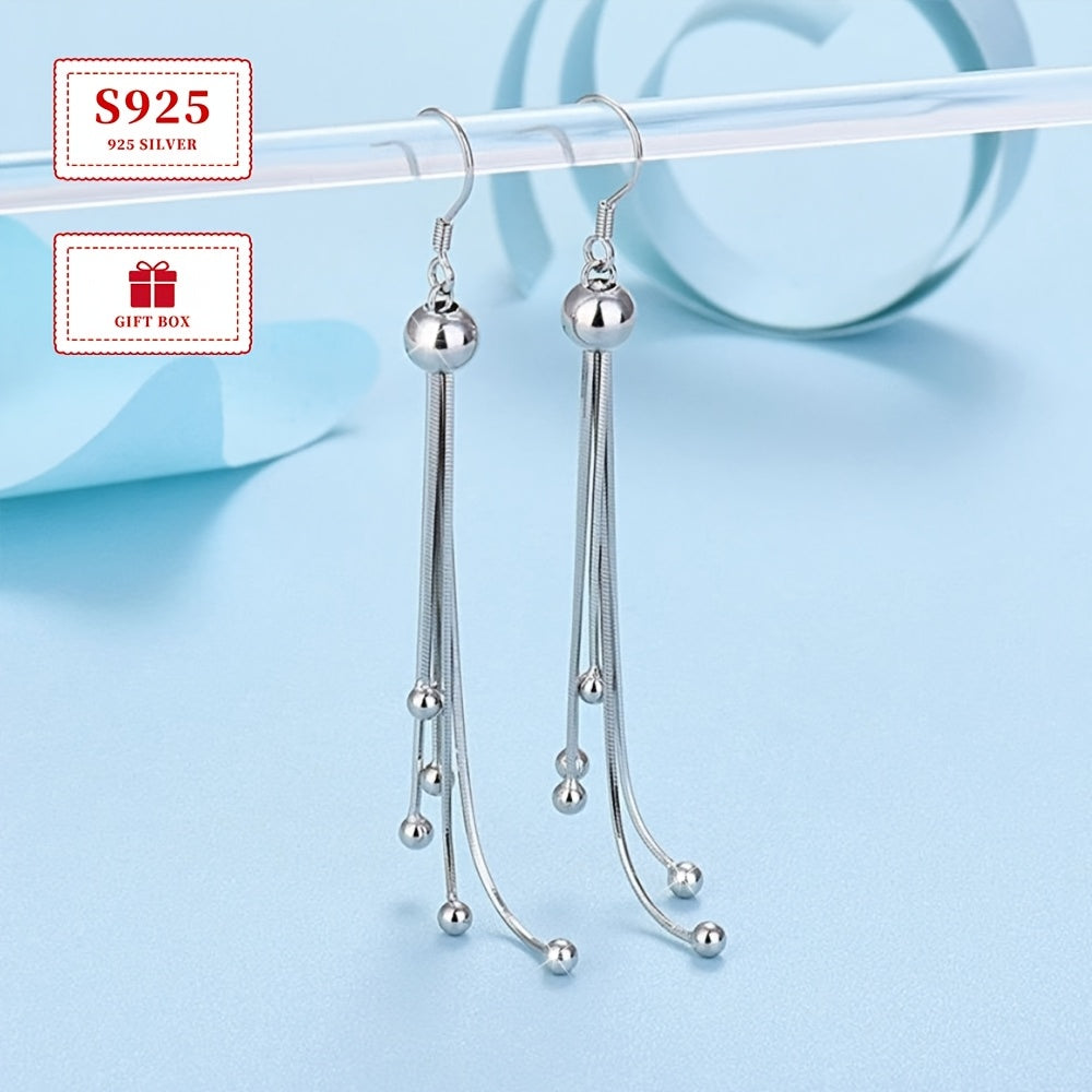 Pair of Elegant 925 Sterling Silver Tassel Earrings with Vintage-Inspired Long Bead Dangle Design, Perfect for Daily Wear and Parties, Lightweight 6g, Stylish Hook Earrings for Women