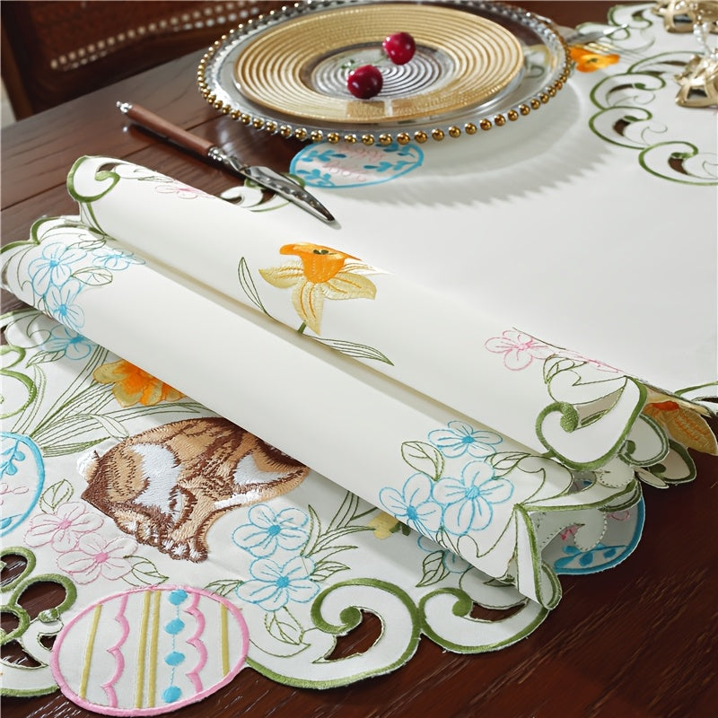 Elegant Easter Bunny & Egg Table Runner: 100% polyester with handcrafted floral design, perfect for Spring celebrations and home decor.