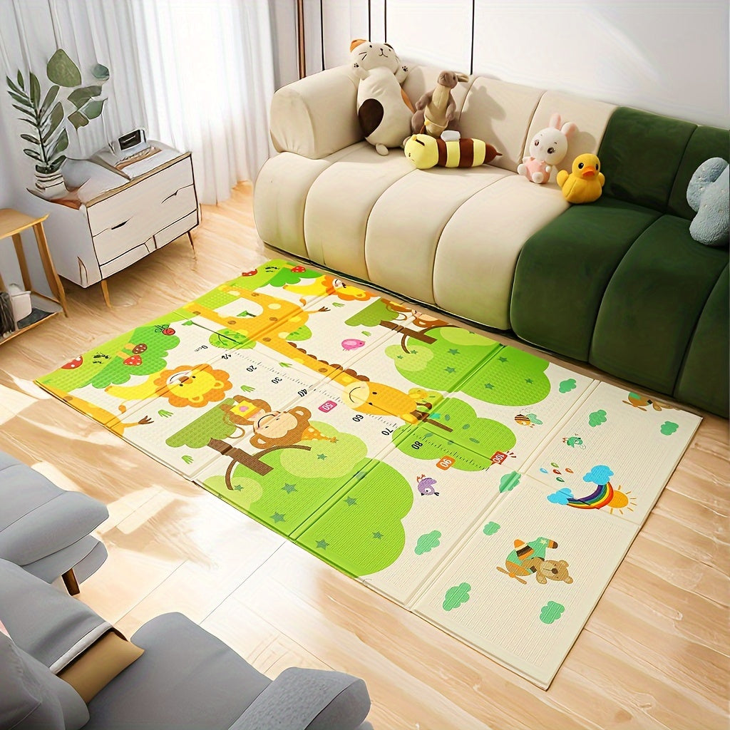 This double-sided XPE crawling mat is foldable and measures 176.99cm x 116.84cm. Featuring a cute animal pattern, this waterproof mat is easy to clean and perfect for youngsters. Suitable for indoor use, this hypoallergenic and odorless play mat provides