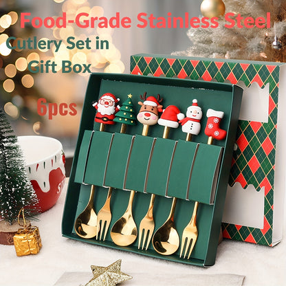 Christmas-themed stainless steel cutlery set includes 4 or 6 pieces in a gift box, featuring Santa, Christmas tree, and reindeer figurine designs. Perfect for serving desserts, cakes, fruit, and coffee during the holiday season. Great gift idea for