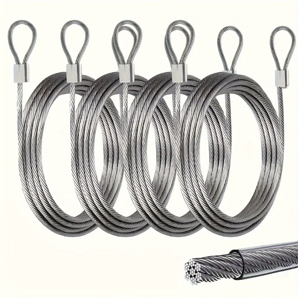 A set of 4 heavy-duty stainless steel clothesline wires, each measuring 12 feet in length and 2mm in diameter. With a total capacity of 408.23KG, these cables are perfect for outdoor use and feature 7x7 strands for hanging lights and laundry.