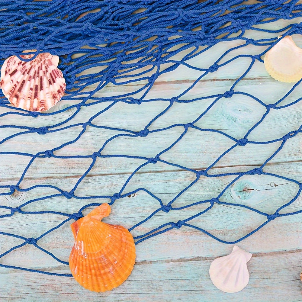 Seafarer's Charm: Nautical Blue Fishing Net Wall Decor with Seashells - Perfect for Ocean-Themed Events