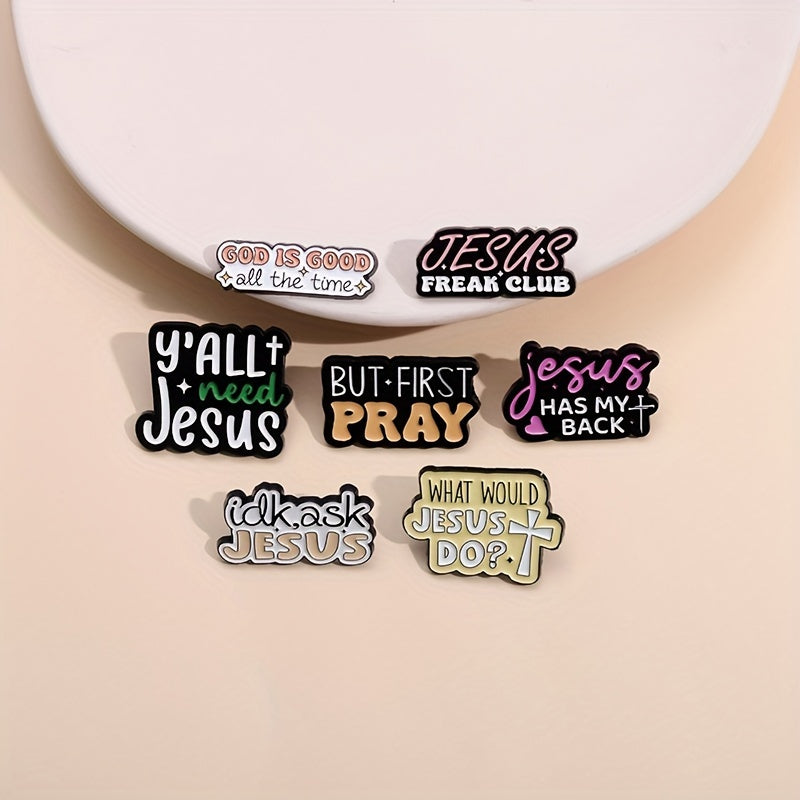 A set of 7 retro and cute enamel pins with inspirational English letter slogans. Perfect for adding a touch of geometric fashion to your clothing.