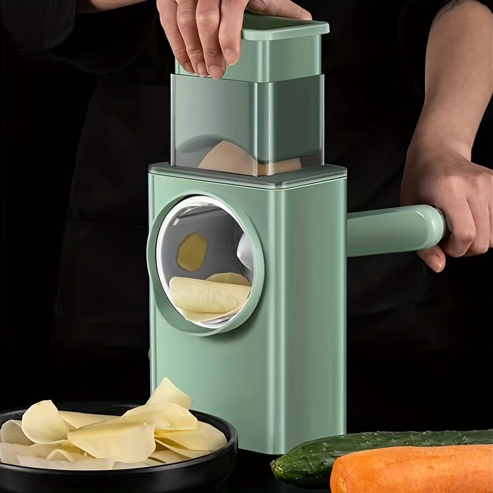 One kitchen manual high-speed slicer, with 6 interchangeable blades, suitable for slicing vegetables, nuts, and cheese. Features a rotating handle for easy use. Great for potatoes, carrots, and zucchini.