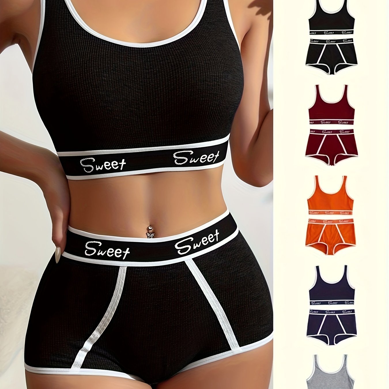 Set of 5 letter print underwear for women, featuring sports bra and boxer briefs in comfortable, soft fabric. Stay stylish and confident every day with this fashionable design.