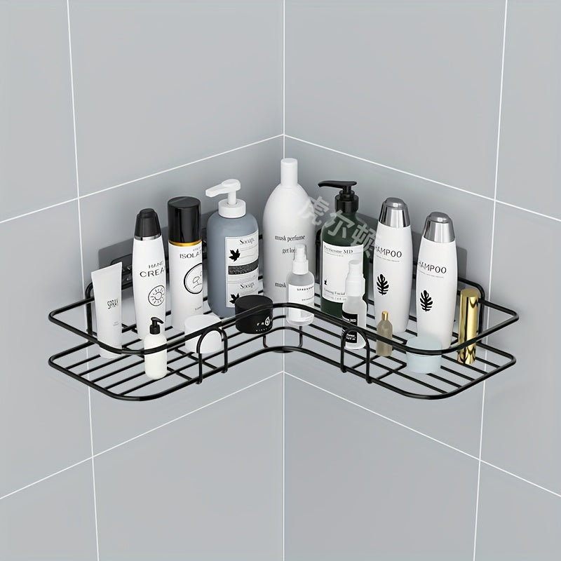 Punch-free corner shelf for bathroom storage, wall-mounted with space for toiletries and accessories.