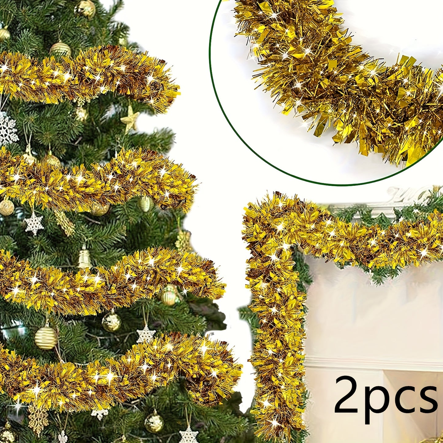 2-Pack of Plastic Tinsel Garlands for Christmas Decor, Suitable for Indoor and Outdoor Use