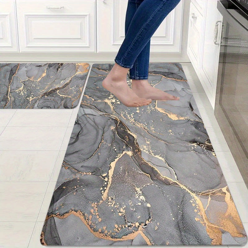 Waterproof floor mat with marble pattern, suitable for various indoor and outdoor spaces. Made of machine washable polyester.